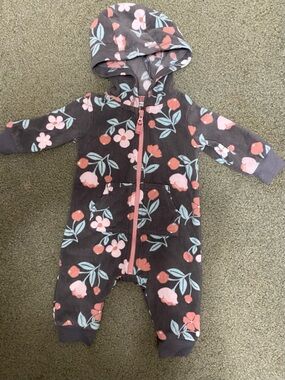 Carter's Floral Hooded One-Piece Romper - Pink & Mint on Dark Gray
